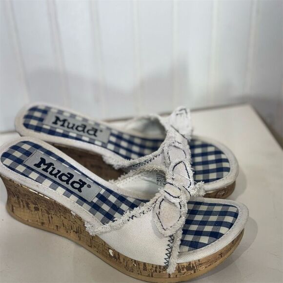 Y2K Mudd Gingham Wedge Sandals 7.5M Blue White Bow Cork Platform Coastal Cowgirl - Picture 4 of 7